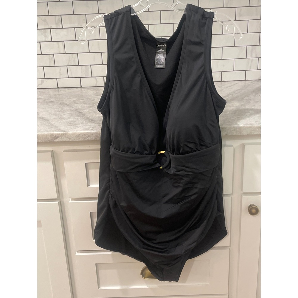 Miracle Embrace Your Curves Swimsuit Women 2X Black One Piece Ruched O-Ring T34